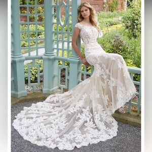 Mori Lee Lace Illusion Bodice Sheer Tulle Wedding Gown in Ivory and Nude